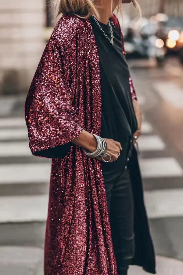 Sequin Embellished Loose Fit Duster Cardigan