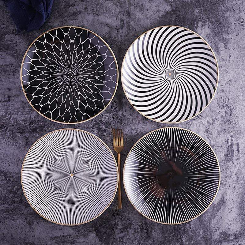 Porcelain Geometric Metallic Rim Dinner Plate Set