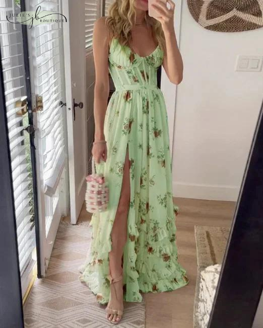 Women's Maxi Dress - Sleeveless with Spaghetti Straps - Deep Neckline - Elegant Cut