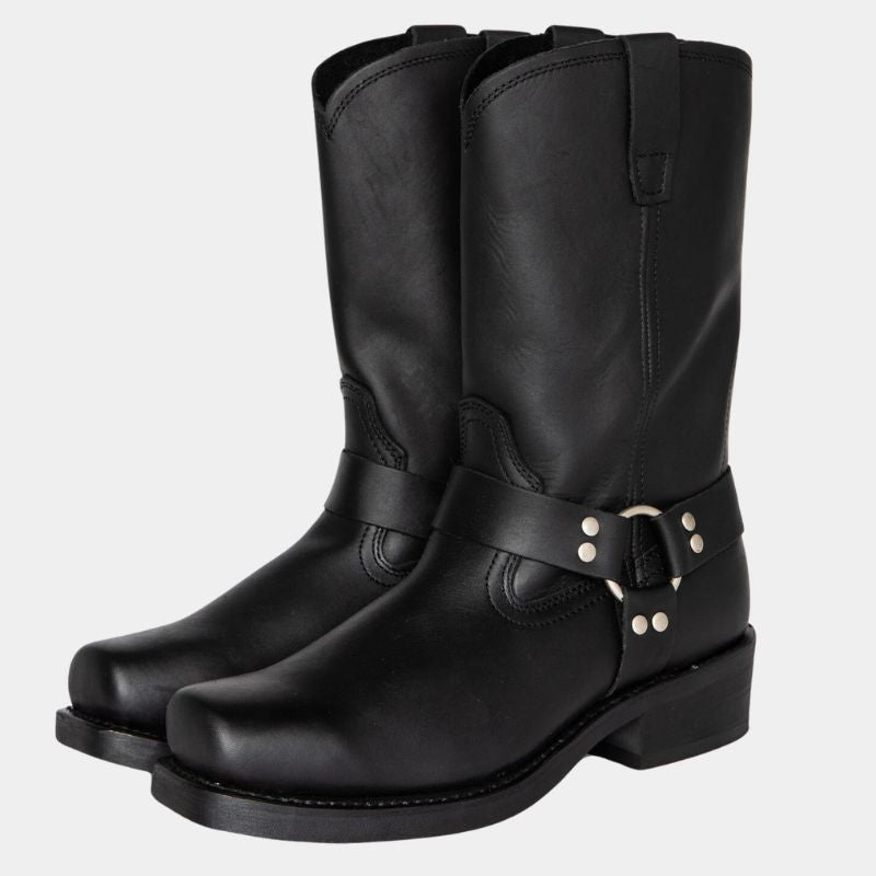 Unisex cowboy boots – mid calf – leather look – harness details – pull-on design