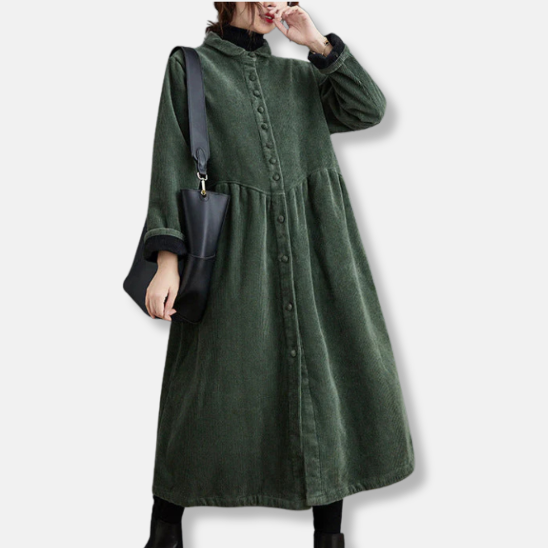 Corduroy A-Line High Neck Long Coat