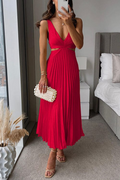Women's Midi Dress – Pleated A-line – Open Back – Light Chiffon-like Fabric