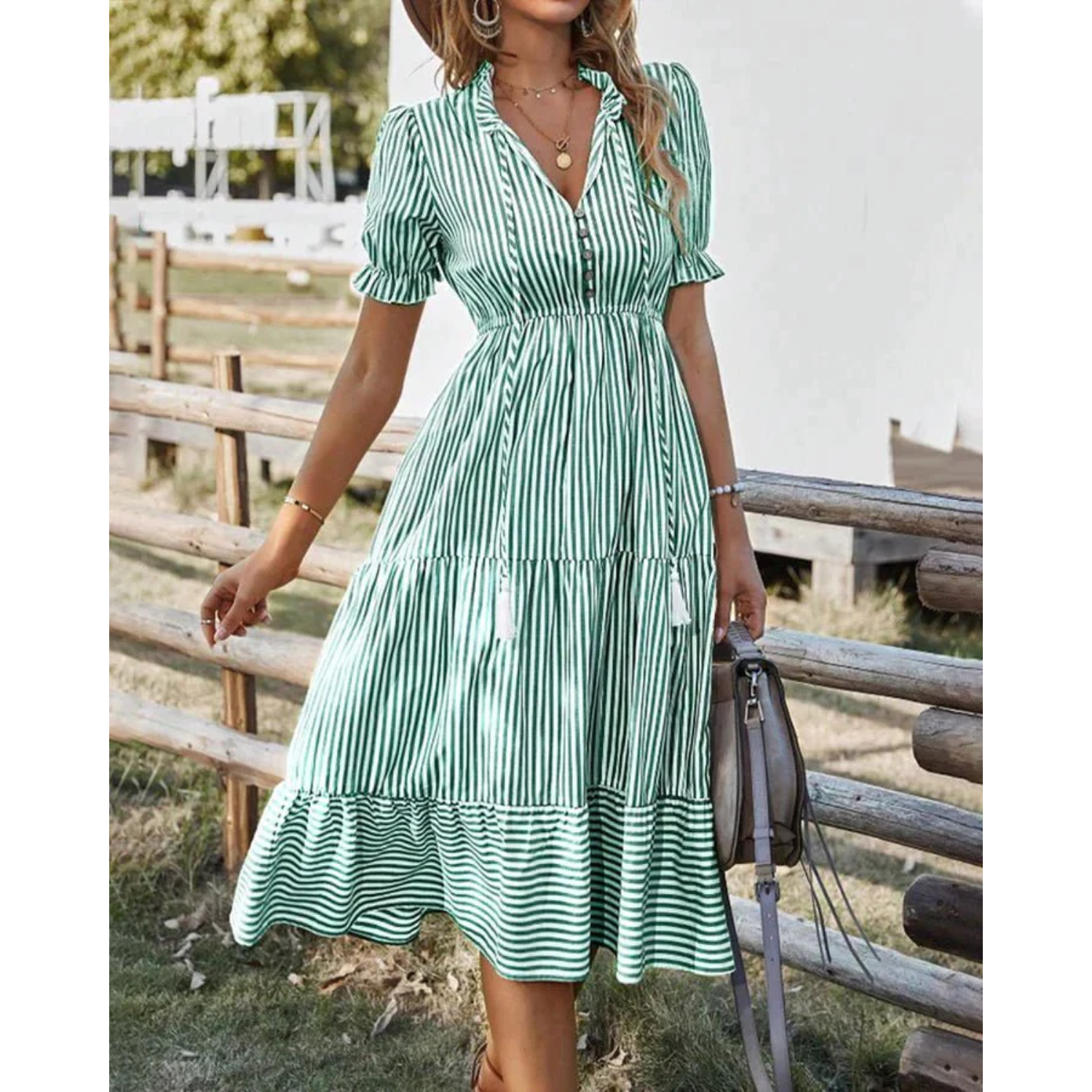 Women's Midi Dress - V-neck Button Closure - A-line Fit - Short Puff Sleeves - Striped