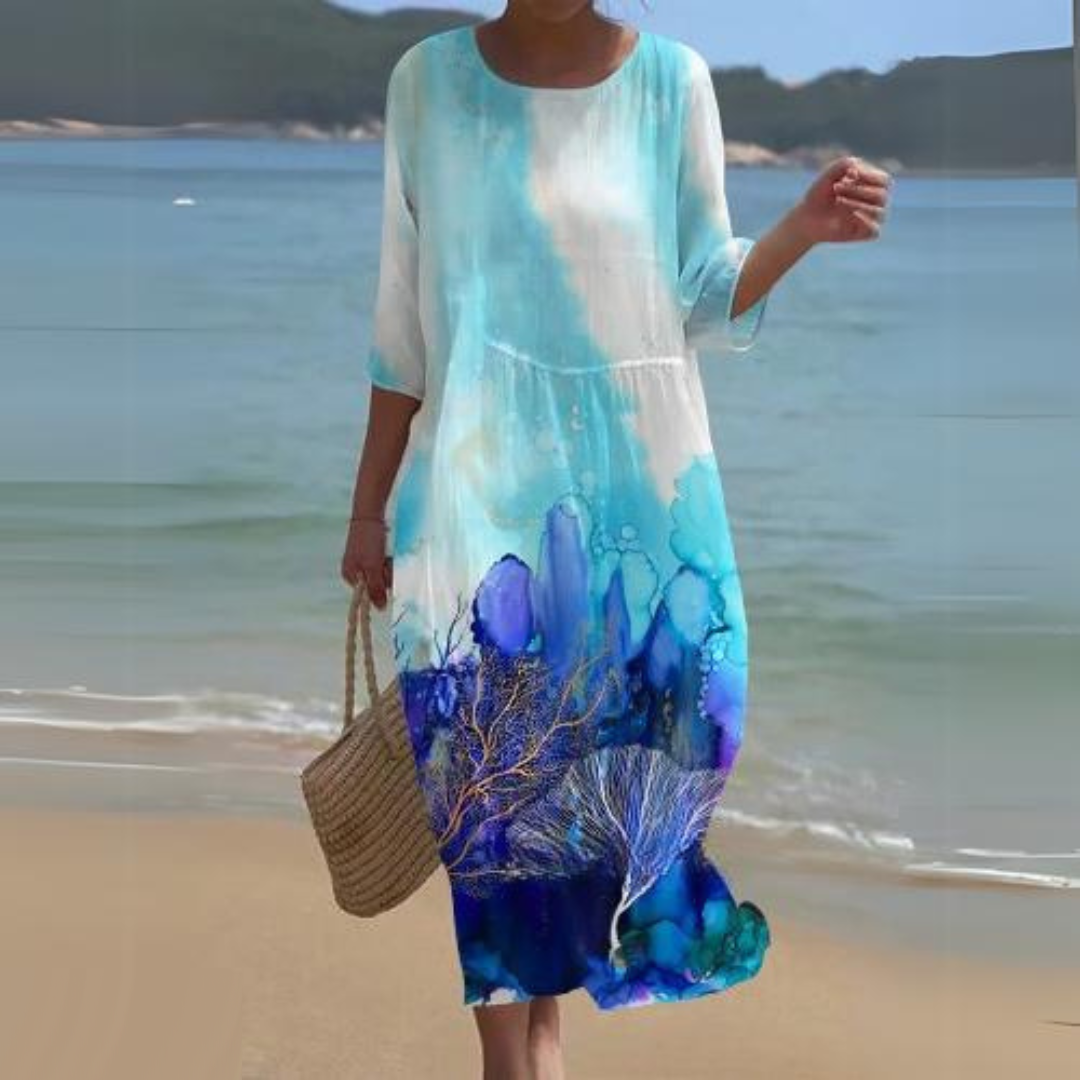 Women's Dress - Floral Midi - Light And Airy - 3/4 Sleeves - Round Neck