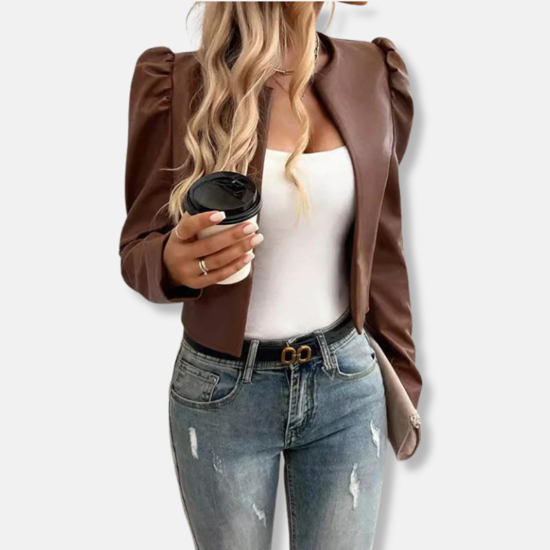 Faux Leather Cropped Puff Sleeve Jacket