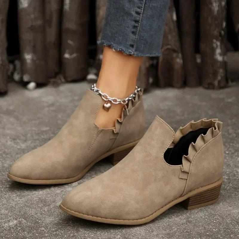 Women's Ankle Boots - Low Block Heel - Non-Slip Sole - Ruffle Detail - Slip-on Design