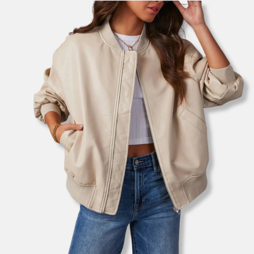 Oversized Ribbed Trim Leather Jacket