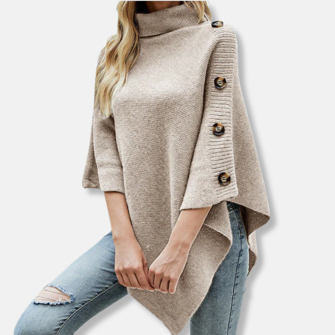 Oversized Asymmetrical Knitted High Neck Poncho