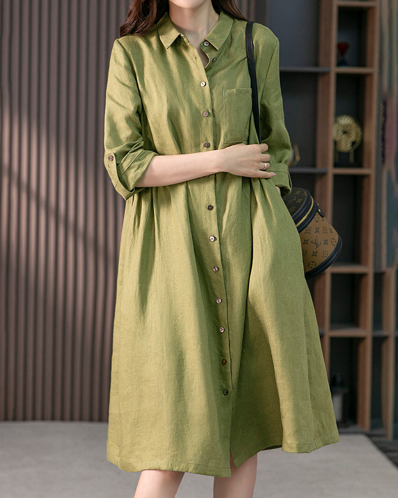 Women's Shirt Dress - Knee-Length A-Line - Lightweight Fabric - 3/4 Sleeves with Buttons