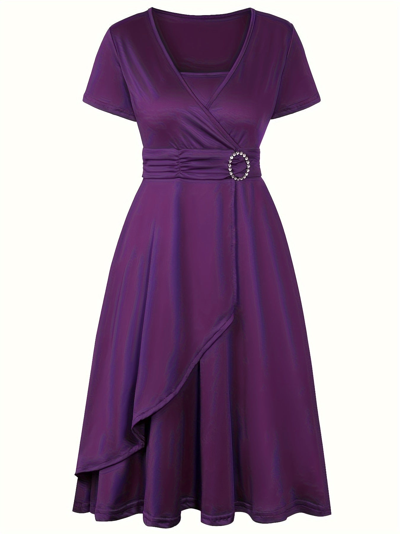 Women's Dress - Wrap Design with V-Neck - Short Sleeves - Elegant Waist Detail