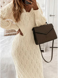 Women's Knit Dress - V-Neck - Long-Sleeved - Fitted Ribbed Design - Elegant & Comfortable