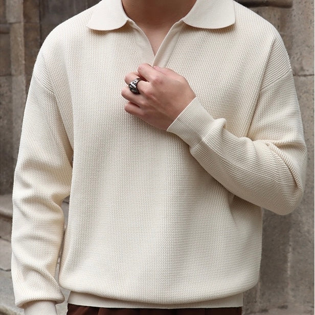 Relaxed Fit Open Collar Knit Pullover Sweater