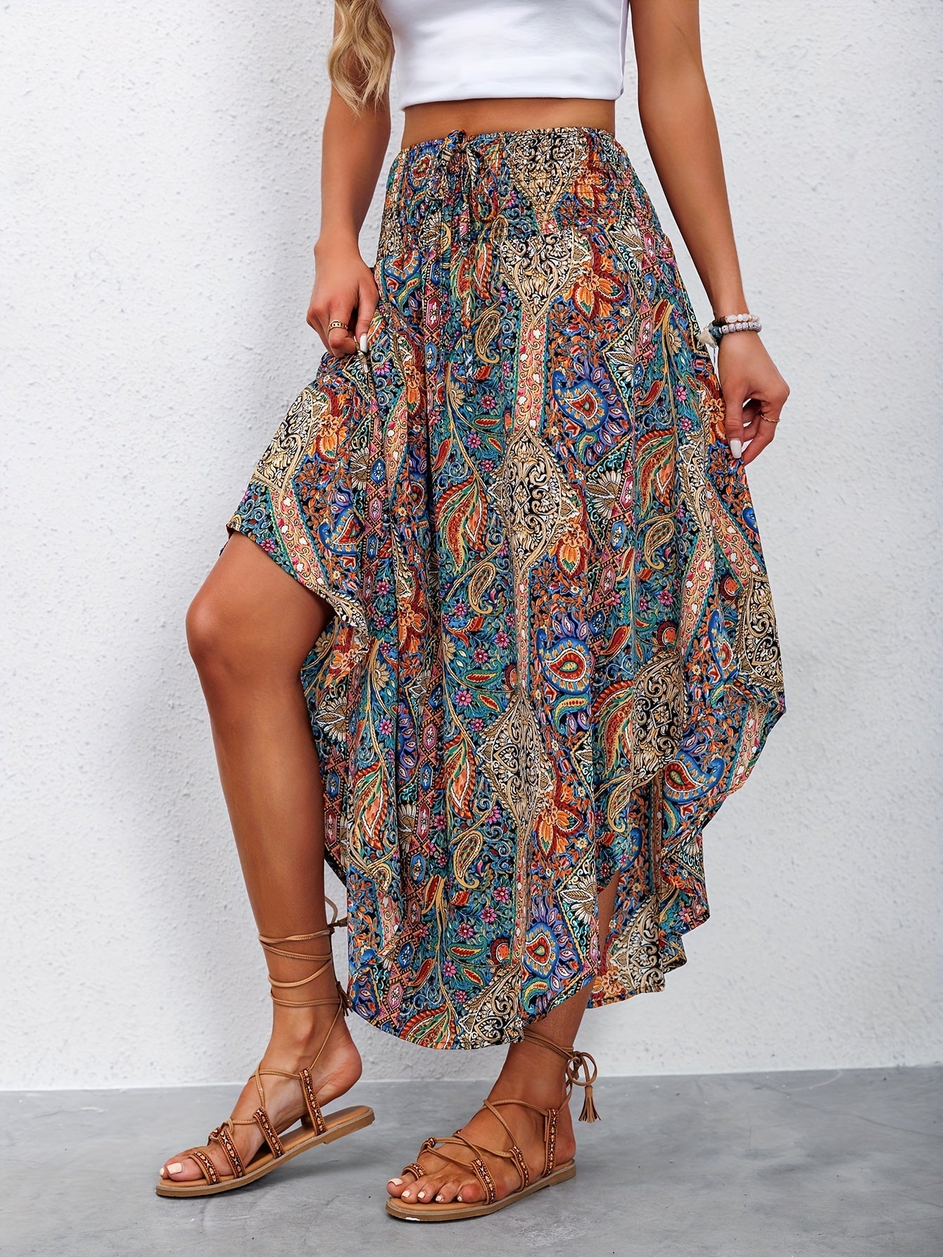 Paisley Print Elastic Waist Asymmetric Maxi Skirt