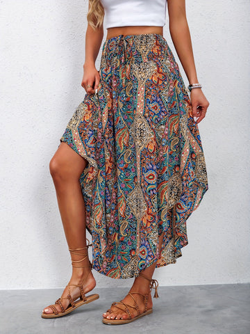 Paisley Print Elastic Waist Asymmetric Maxi Skirt
