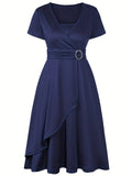 Women's Dress - Wrap Design with V-Neck - Short Sleeves - Elegant Waist Detail