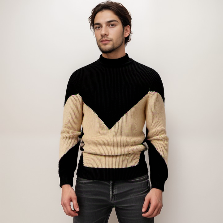 Men's Knit Sweater - Geometric Pattern - Ribbed Texture - Long-Sleeved Crewneck