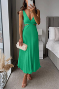 Women's Midi Dress – Pleated A-line – Open Back – Light Chiffon-like Fabric