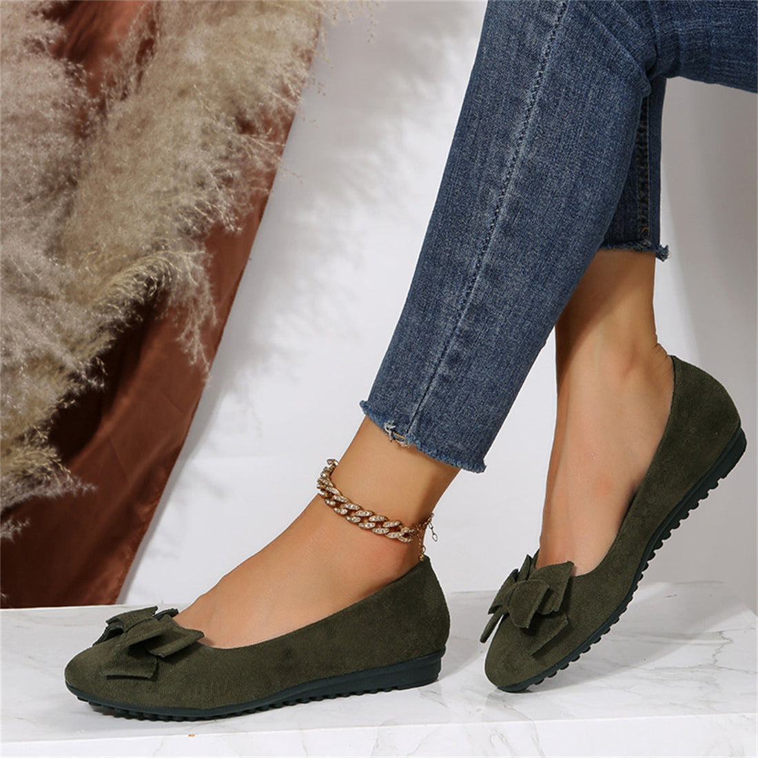 Suede Bow Slip-on Comfort Ballerina Shoes