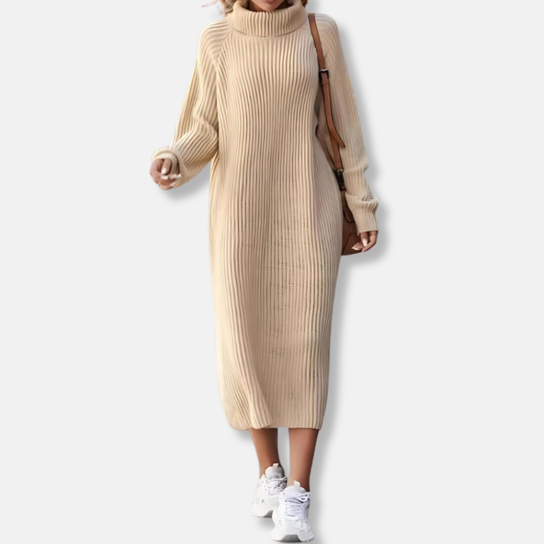 Ribbed Knit Turtleneck Long Sleeve Midi Dress