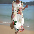 Women's Dress - Floral Midi - Light And Airy - 3/4 Sleeves - Round Neck