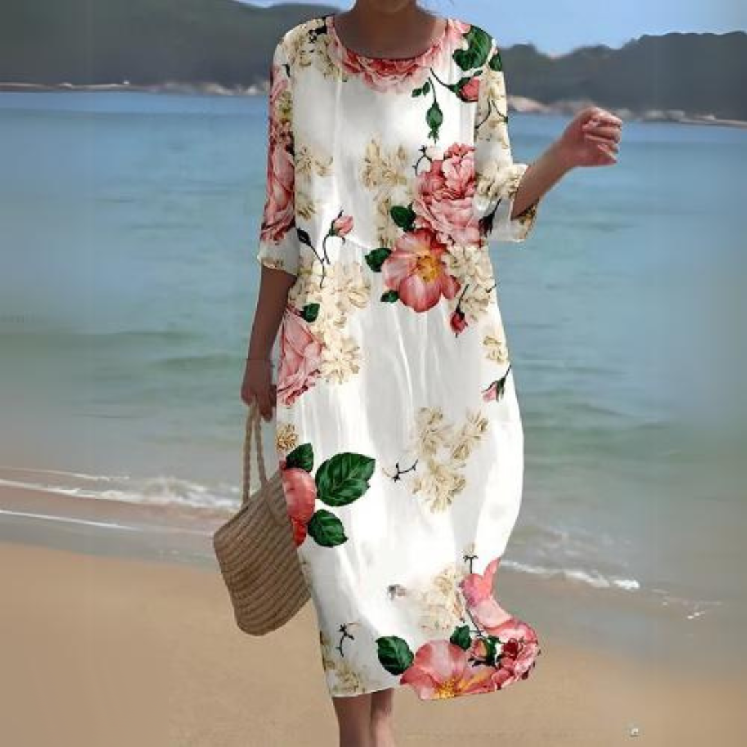 Women's Dress - Floral Midi - Light And Airy - 3/4 Sleeves - Round Neck