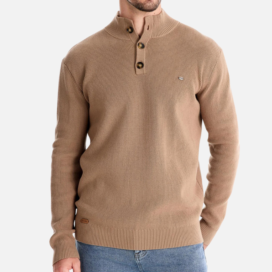 Herre Rullekravetrøje – Uldblanding – Slim Fit – Ribstrik med Knapdetaljer