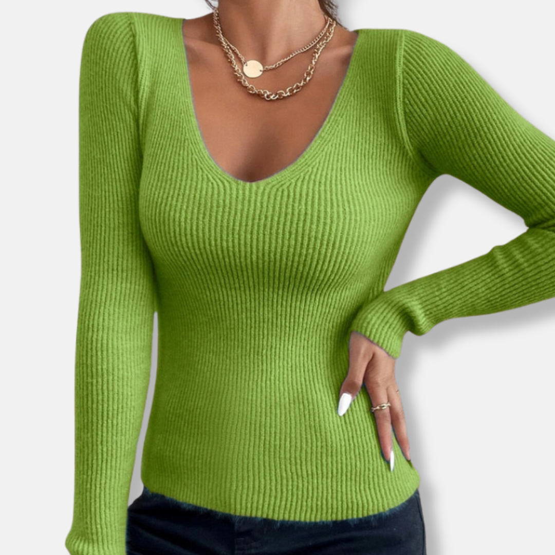 Ribbed Knit Slim Fit Deep V-Neck Top