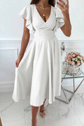 Women's Wrap Dress - V-Neck - Ruffle Sleeves - Midi Length - Elegant and Feminine