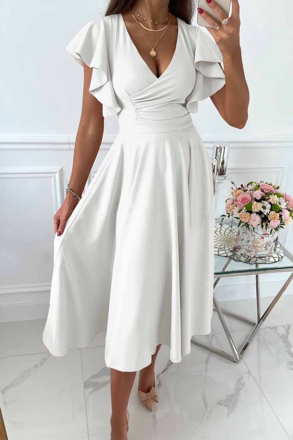 Women's Wrap Dress - V-Neck - Ruffle Sleeves - Midi Length - Elegant and Feminine