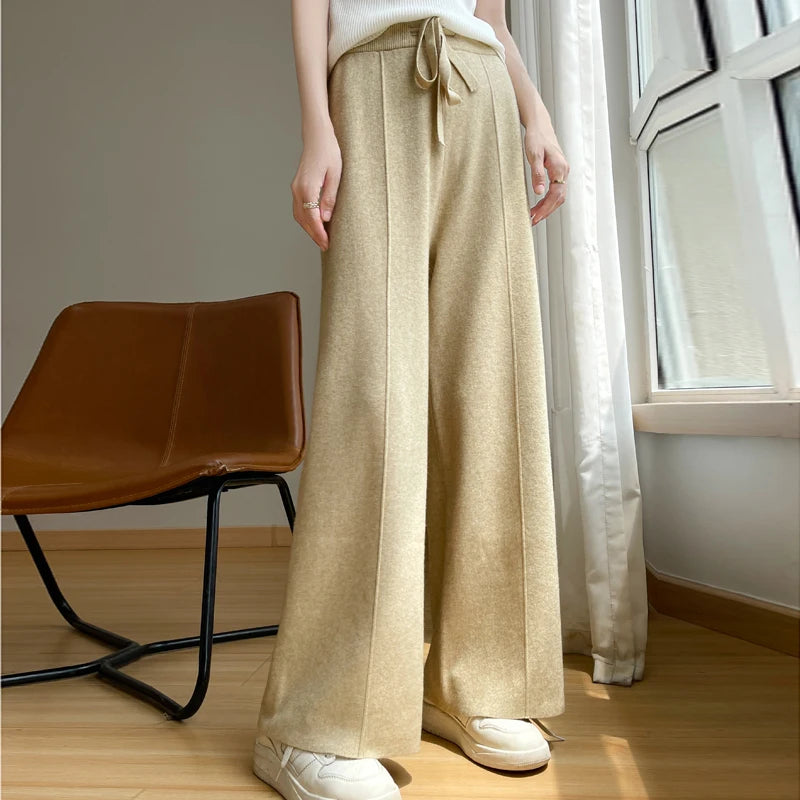 Isla Wool Wide-Leg Knit Trousers | Drawstring Waist Casual Trousers