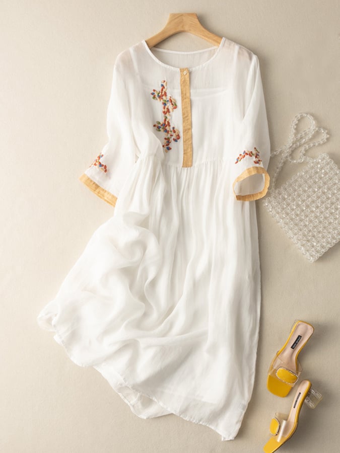 Women's Dress - Embroidered Cotton and Linen - Loose Fit - Button Closure - 3/4 Sleeves