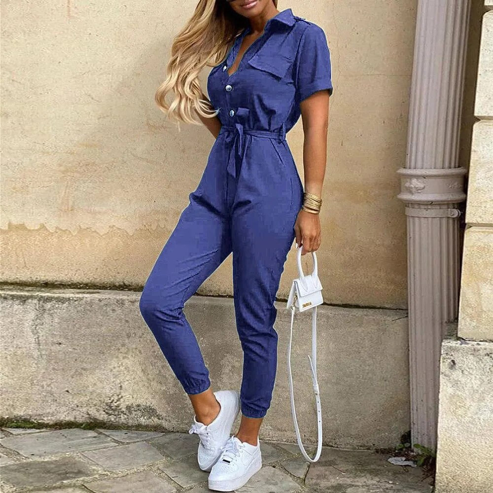 Women's Jumpsuit - Utility Style - Button Closure - Waist Tie - Short Sleeves