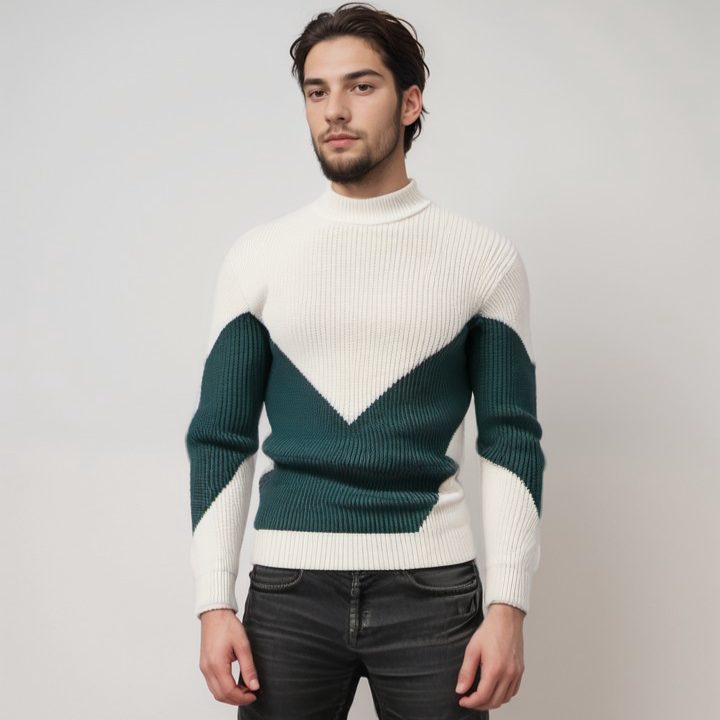 Men's Knit Sweater - Geometric Pattern - Ribbed Texture - Long-Sleeved Crewneck
