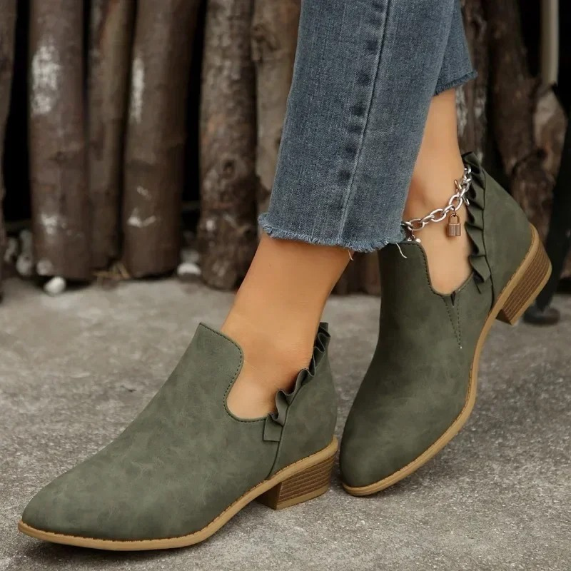 Women's Ankle Boots - Low Block Heel - Non-Slip Sole - Ruffle Detail - Slip-on Design