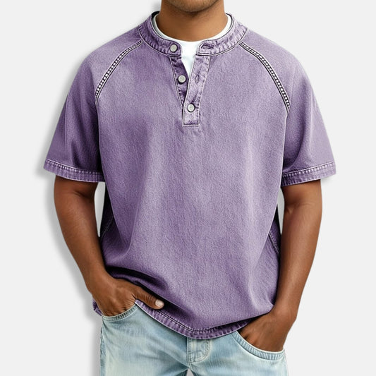 Relaxed Fit Henley Shirt with Stand Collar and Contrast Stitching