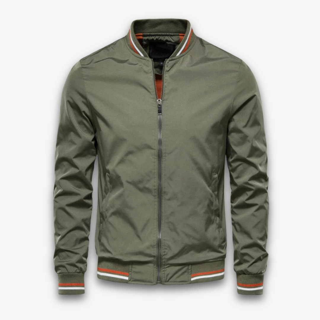 Men's Bomber Jacket – Lightweight – Relaxed Fit – Ribbed Edges with Stripes – Zipper