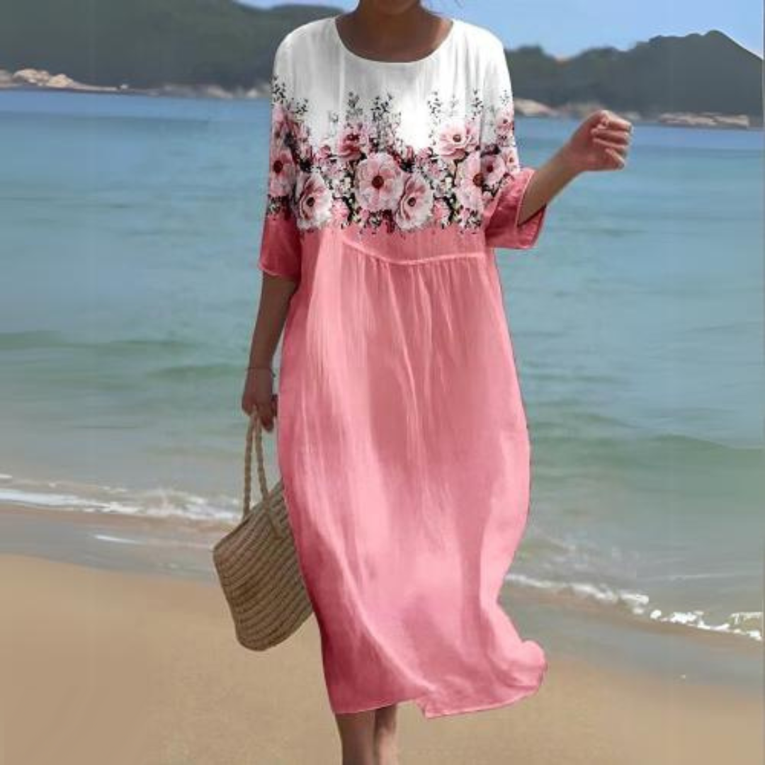 Women's Dress - Floral Midi - Light And Airy - 3/4 Sleeves - Round Neck