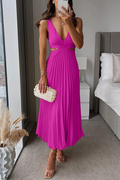 Women's Midi Dress – Pleated A-line – Open Back – Light Chiffon-like Fabric