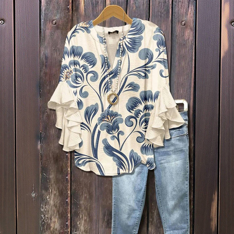 Denim Straight Floral Ruffled Two-Piece Set