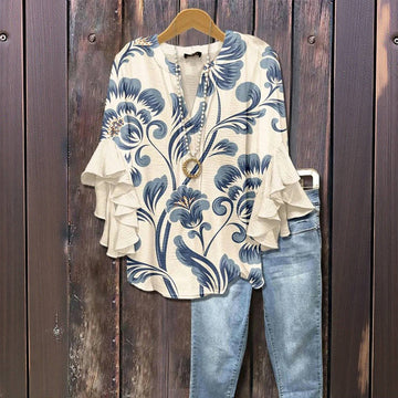Denim Straight Floral Ruffled Two-Piece Set