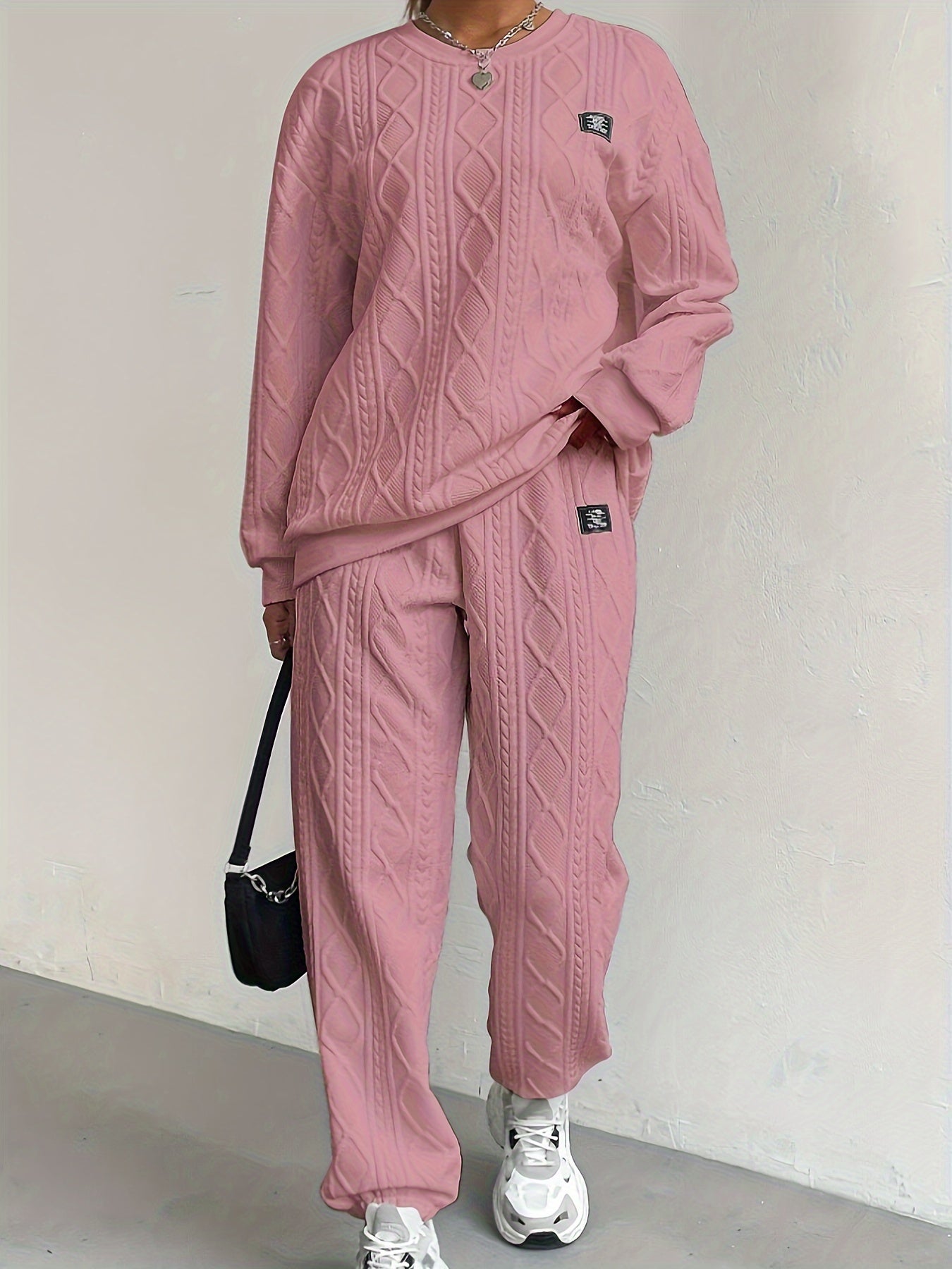Women's Loungewear Set – Cable Knit – Relaxed Fit – Rib Details – Full Length