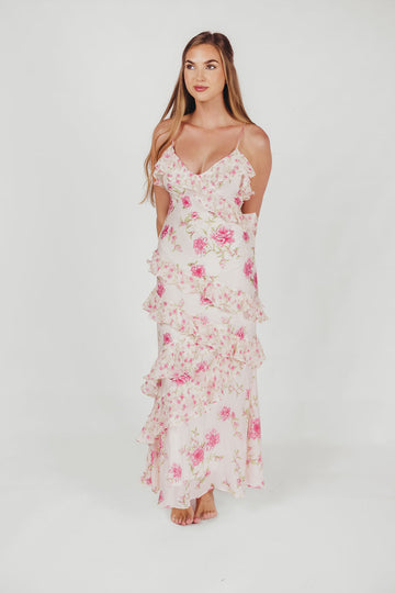 Floral Print Adjustable Ruffle Maxi Dress
