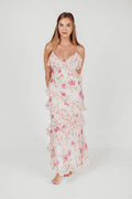 Women's Maxi Dress - Floral Print - V-Neck - Sleeveless - Adjustable Straps - Ruffle Layer