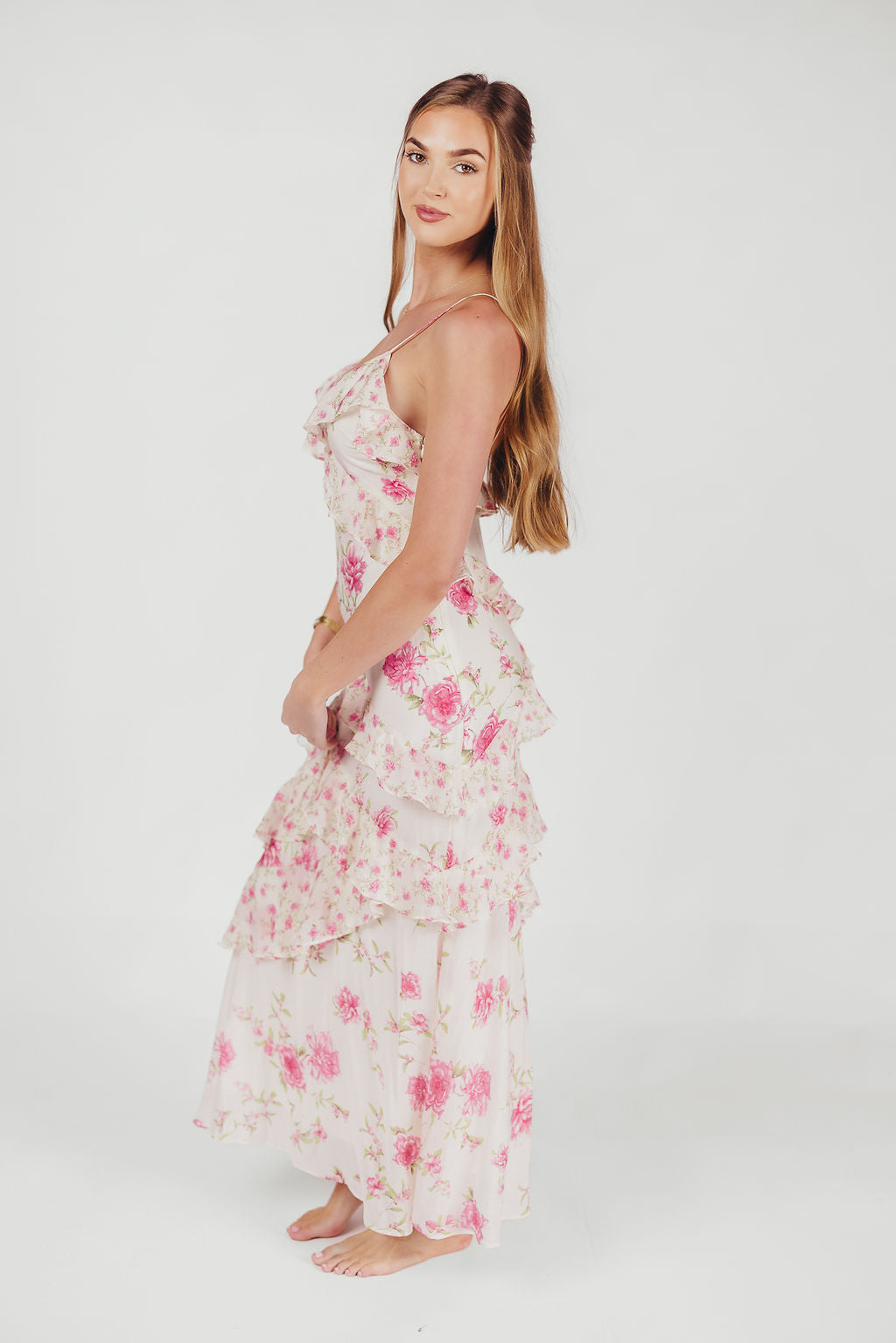 Women's Maxi Dress - Floral Print - V-Neck - Sleeveless - Adjustable Straps - Ruffle Layer