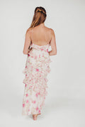 Women's Maxi Dress - Floral Print - V-Neck - Sleeveless - Adjustable Straps - Ruffle Layer