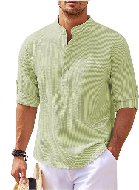 Men's Shirt – Relaxed Fit – Band Collar – Light Cotton – Button Cuffs