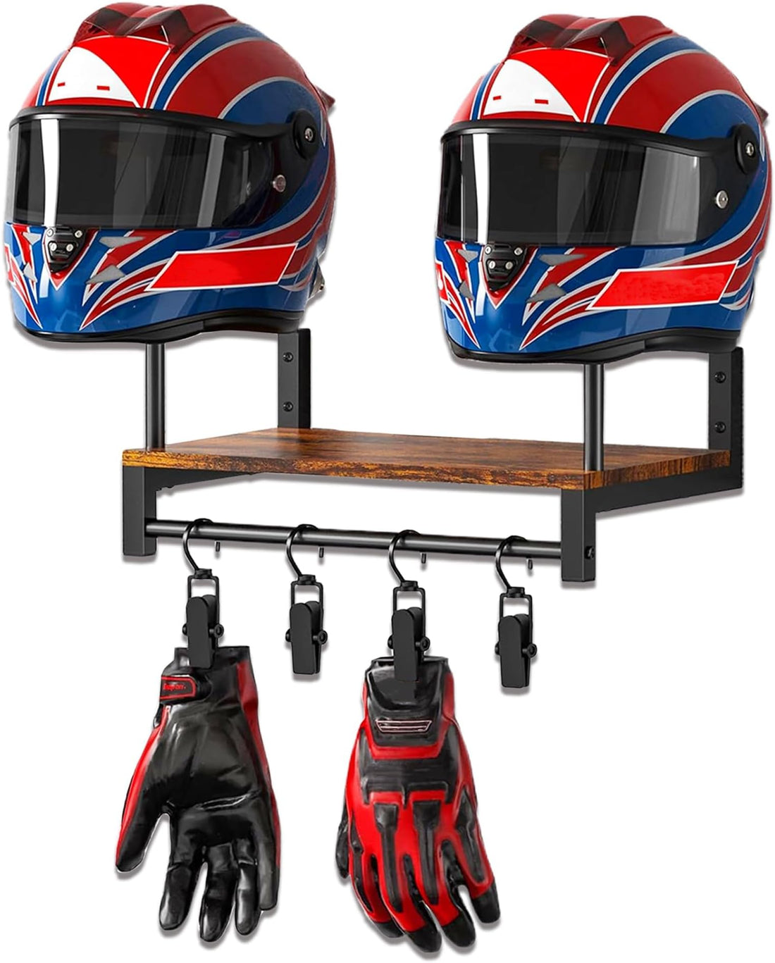 Wall-Mounted Wood Helmet Rack With Clip Hangers