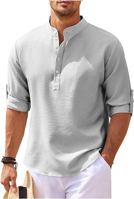 Men's Shirt – Relaxed Fit – Band Collar – Light Cotton – Button Cuffs