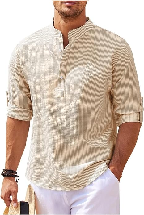 Men's Shirt – Relaxed Fit – Band Collar – Light Cotton – Button Cuffs