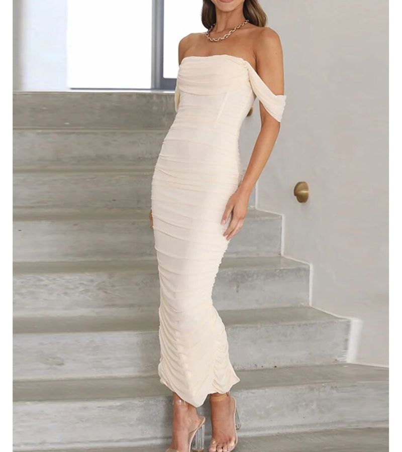 Off-Shoulder Draped Tailored Evening Dress